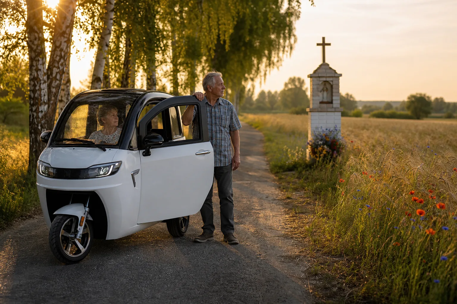 Para przy białym iamelectric ARIEL na polskiej drodze wśród pól — zdjęcie ilustracyjne