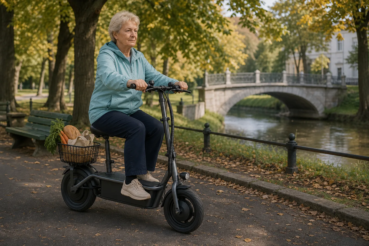 Seniorka jedzie iScooterem F3 parkową aleją w małym mieście — zdjęcie ilustracyjne